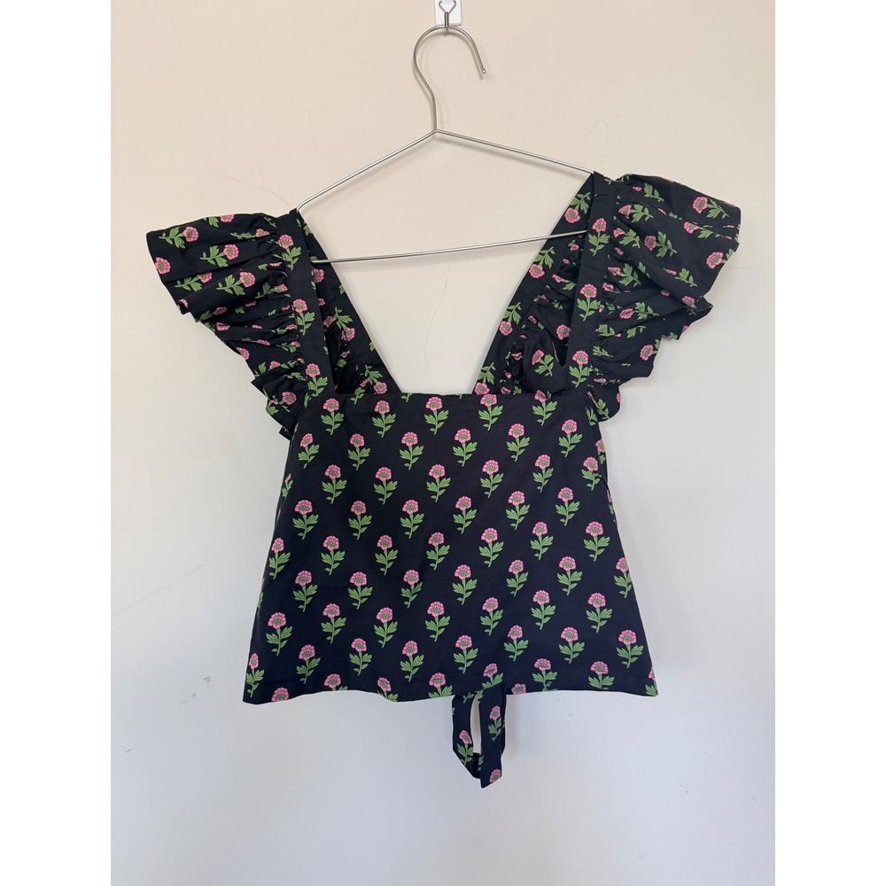 Mable Black Pink Floral Ruffle Sleeve Open Back Tie Crop Top Medium